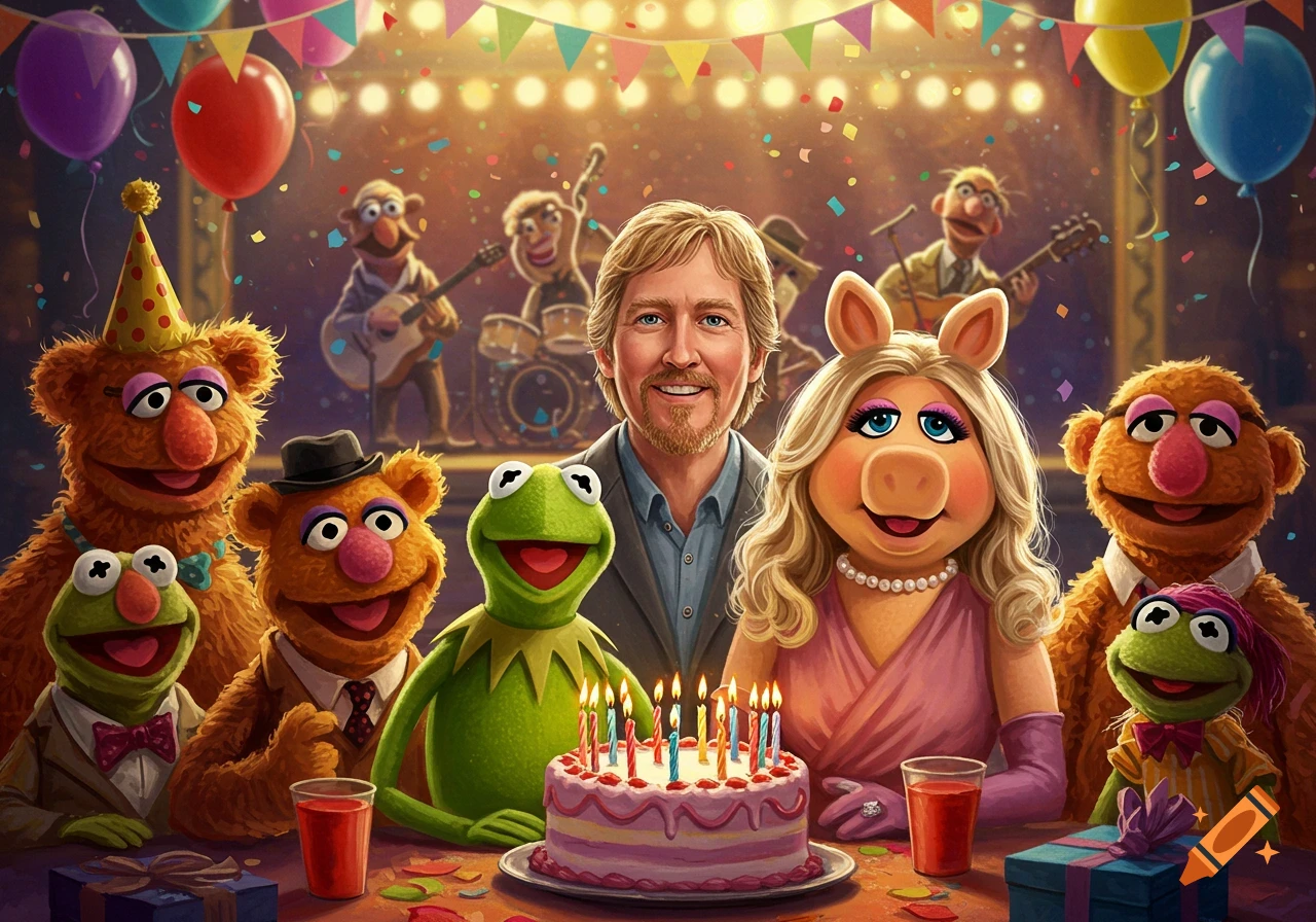 Kermit, Miss Piggy, and other Muppets celebrate a birthday with a man, cake, balloons, and confetti on a stage.