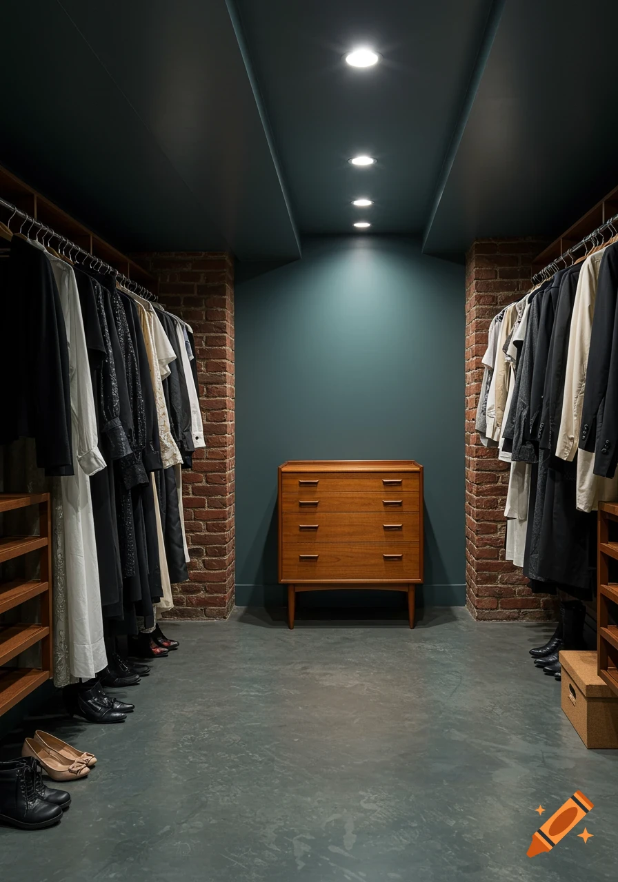Basement closet with dark green-blue walls, exposed brick, mid-century walnut dresser, and clothing racks. Warm lighting.