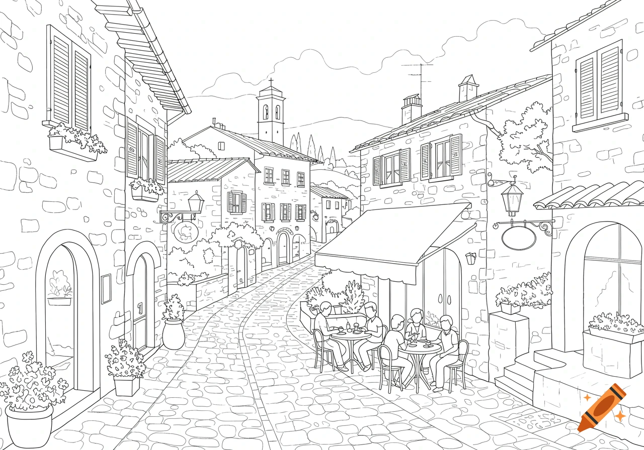 Black and white line art coloring page of a Tuscan village street with buildings, a cobblestone road, and people dining at an outdoor cafe.