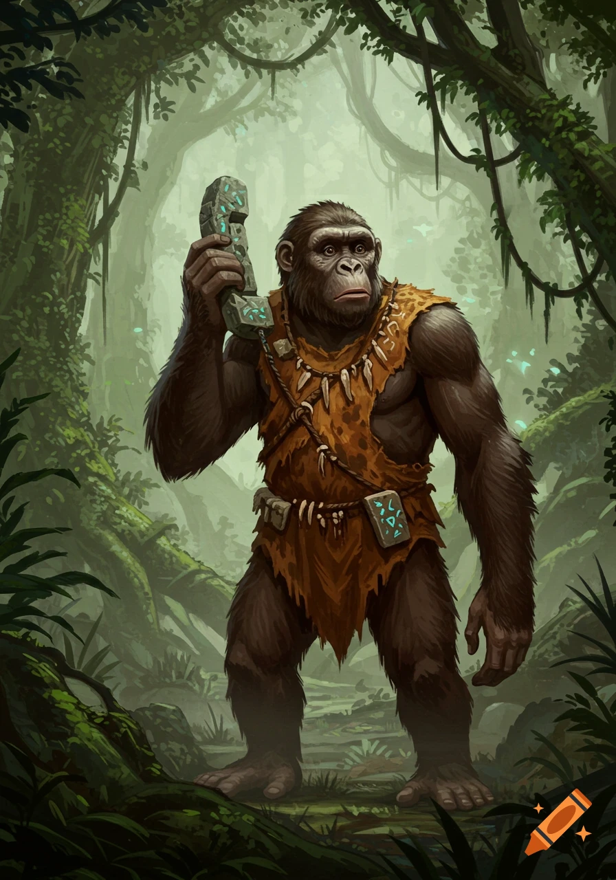An ape-man in primitive attire stands in a lush jungle, holding a large stone object resembling an old-fashioned telephone.
