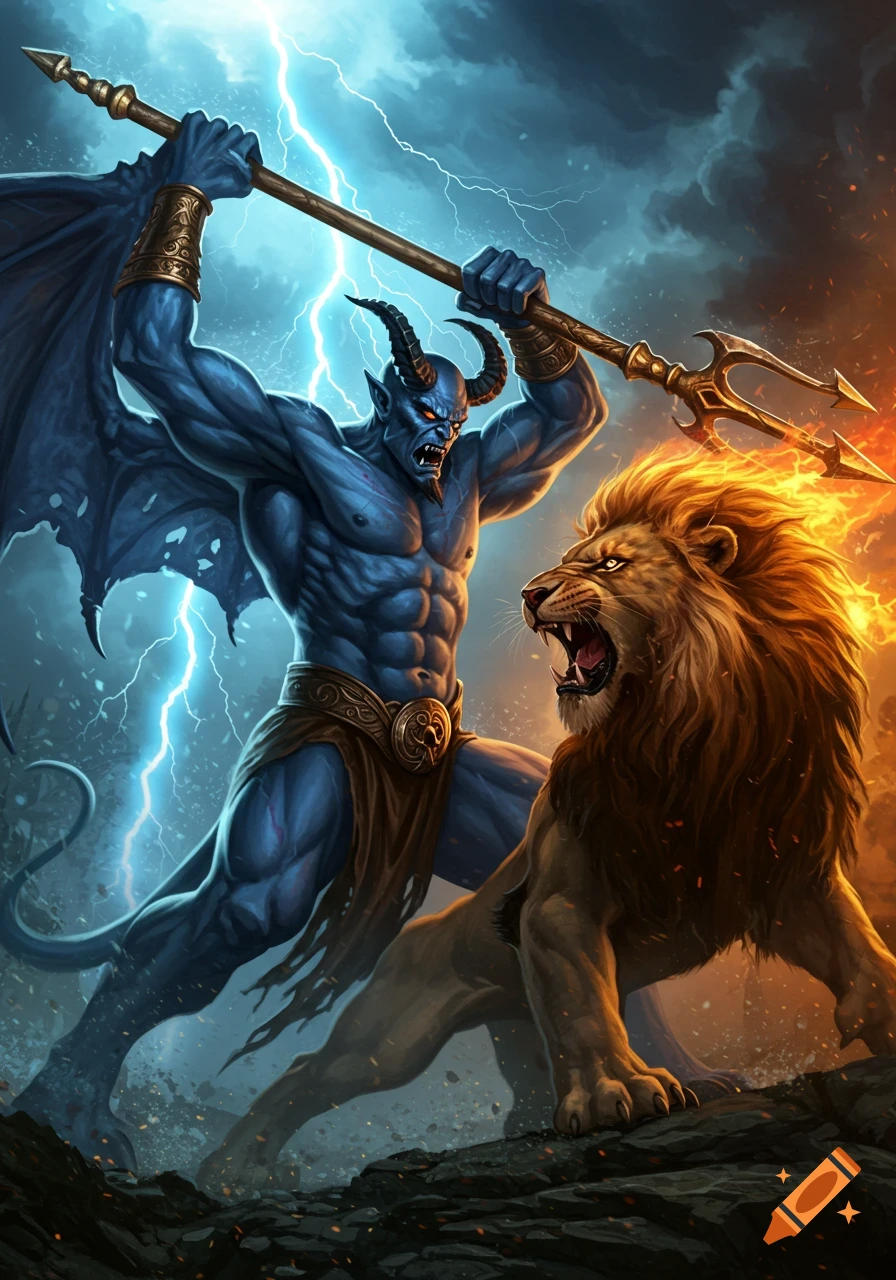 A muscular blue devil-like creature with horns and wings raises a trident to strike a roaring lion with a fiery mane under stormy skies and lightning.