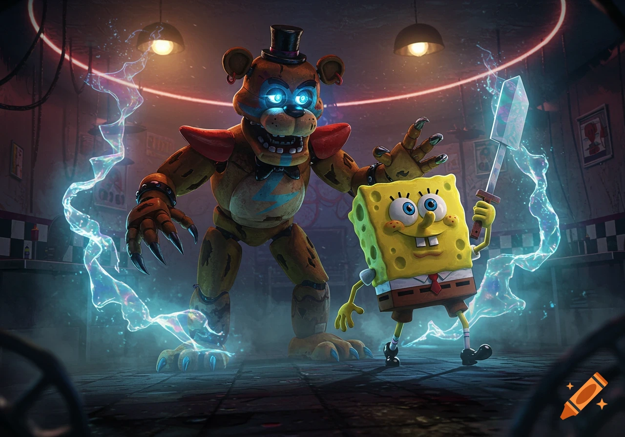 Freddy Fazbear with glowing blue eyes and electricity around him, looms over Spongebob holding a crystal sword in a dark, industrial room.