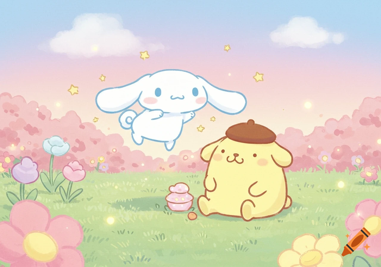 Cinnamoroll floats above a pastel landscape while Pompompurin sits below, surrounded by pink trees and flowers.