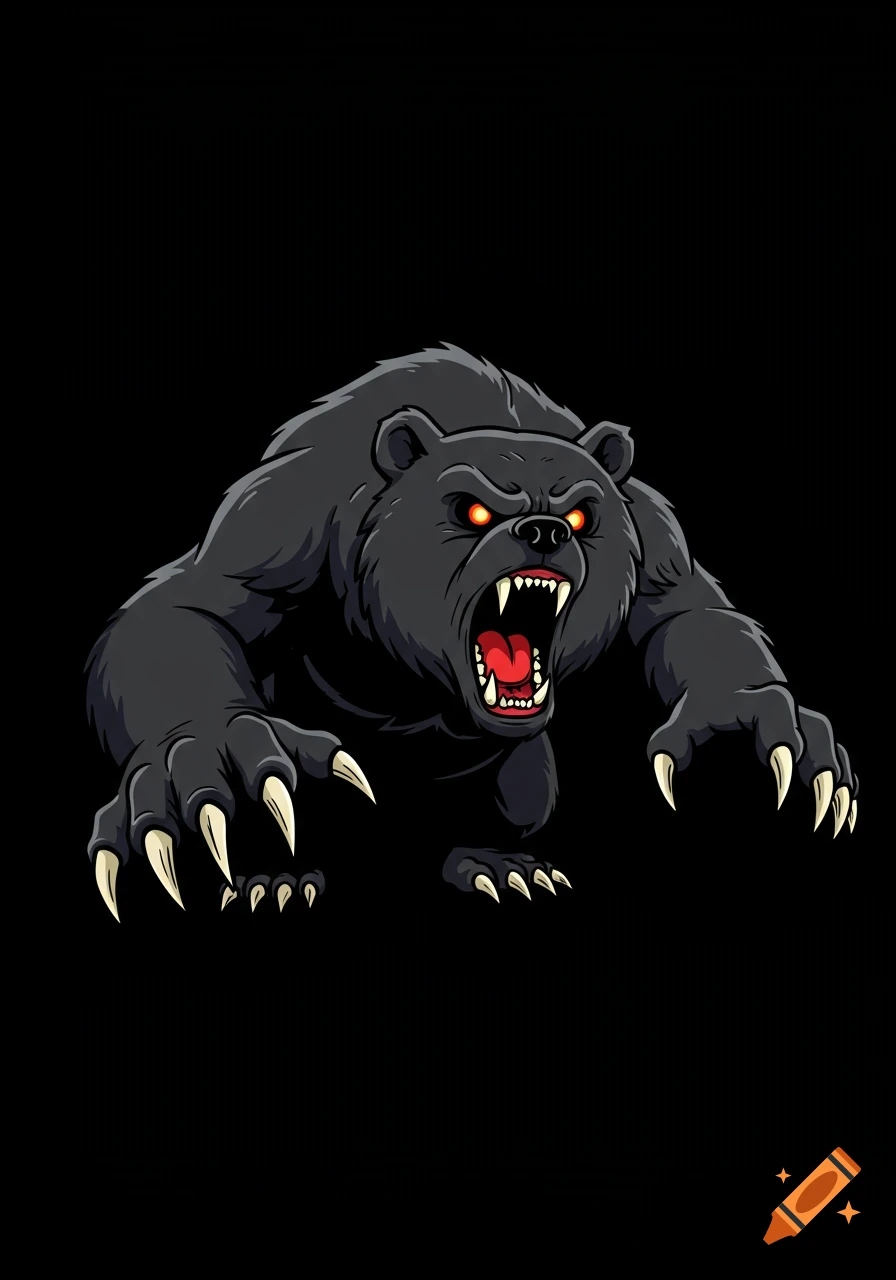 A fierce dark gray cartoon bear lunges forward, roaring with glowing red eyes and sharp claws, on a black background.