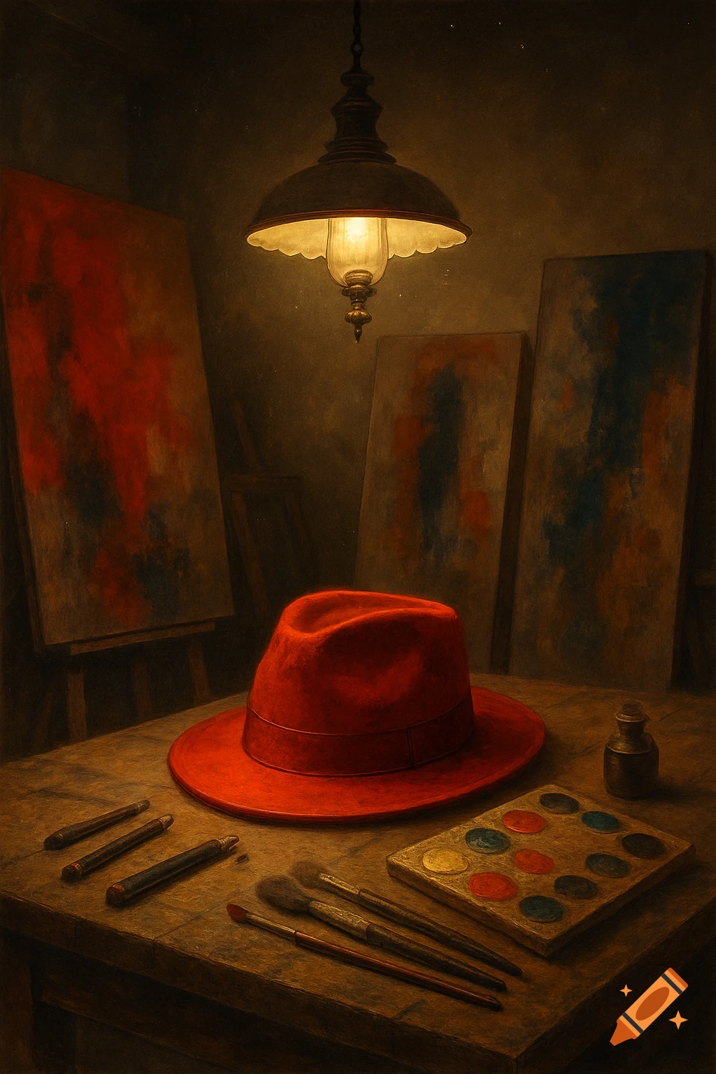 Red fedora on a wooden table with paintbrushes and palette, lit by a hanging lamp. Abstract canvases in an artist's studio. Painterly.