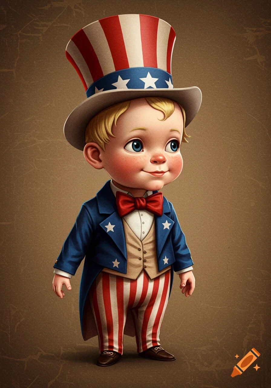 A cartoon child dressed as Uncle Sam, wearing a striped top hat, blue jacket, and red and white striped pants, stands smiling.