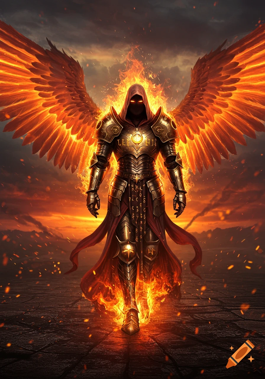 A full-body armored figure with a dark hood, glowing eyes, and massive fiery wings walks through flames on a cracked ground at sunset in a stylized digital art style.