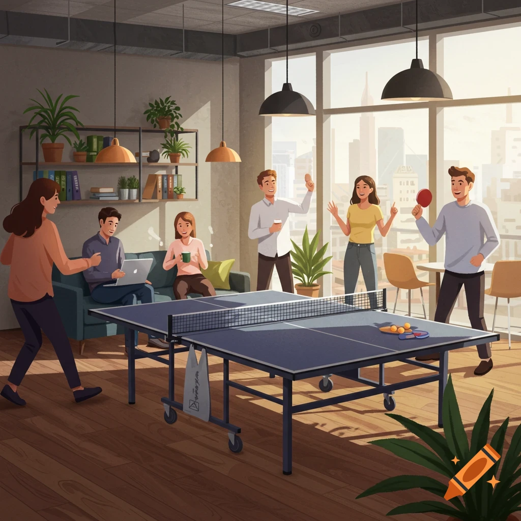 People enjoy ping pong and relax in a modern, sunny office breakroom.