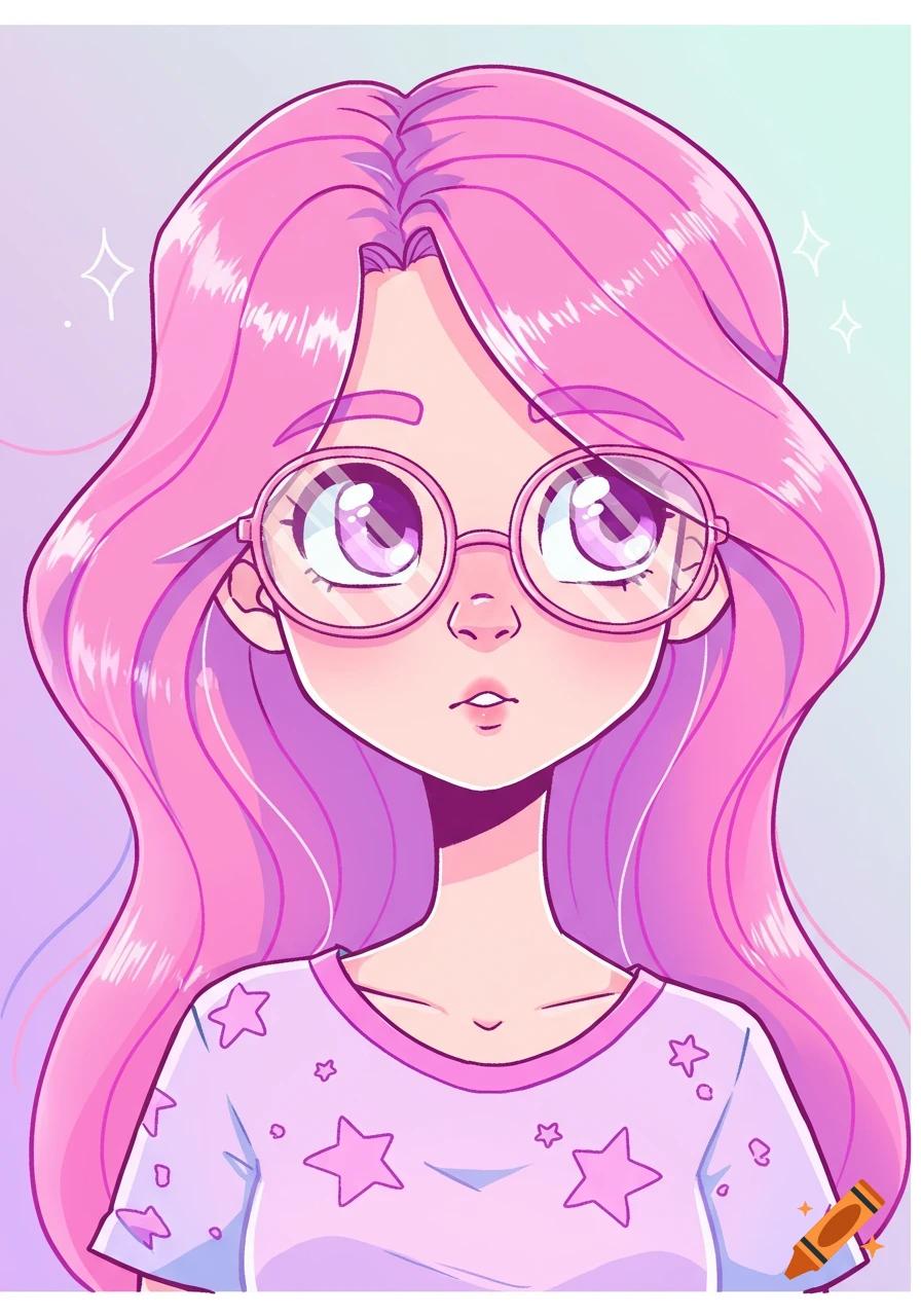 Cartoon portrait of a teen girl with long pink hair and glasses, wearing a star-patterned shirt.