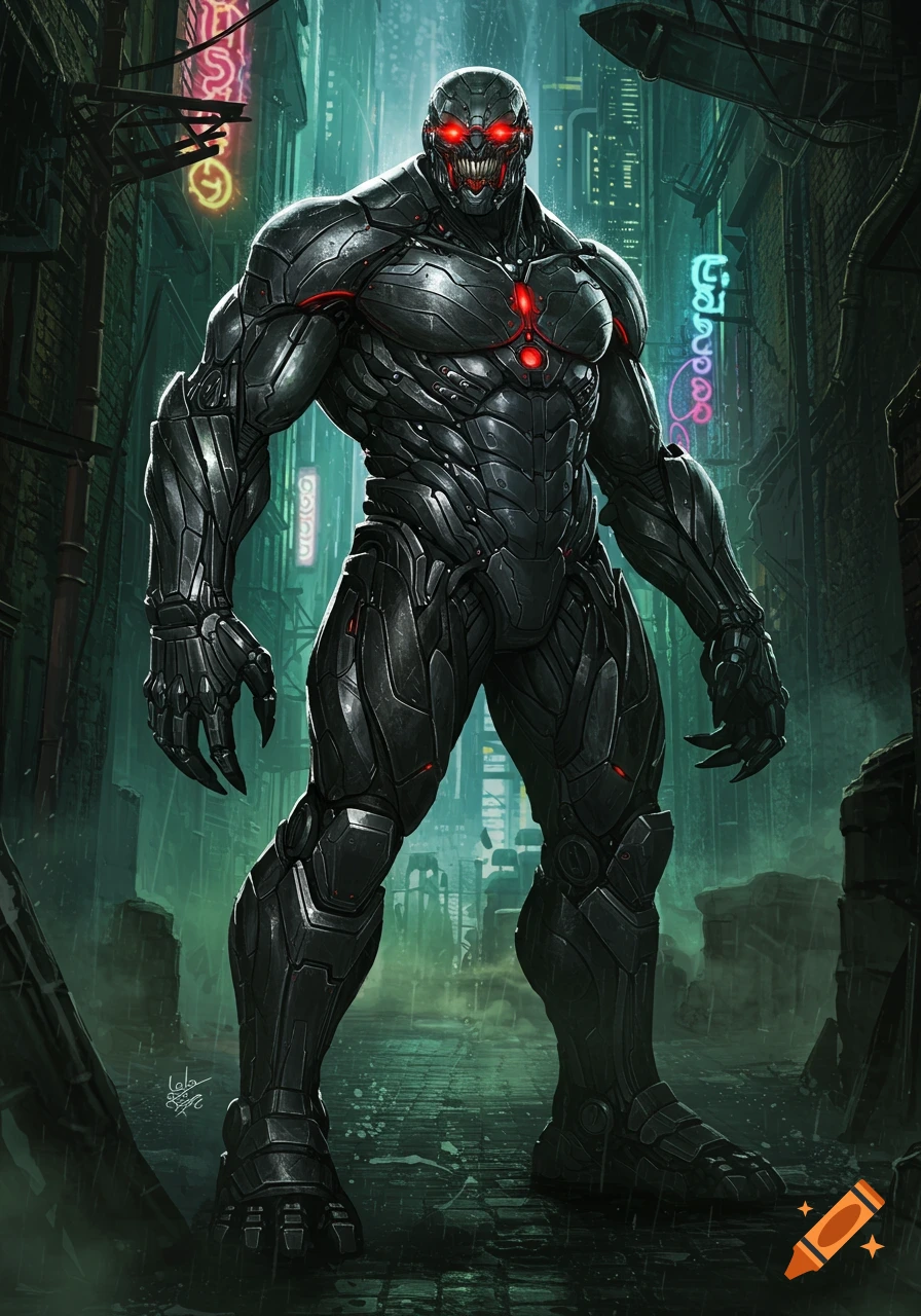 A monstrous, armored creature with glowing red eyes and sharp teeth stands in a dark, futuristic alleyway illuminated by neon signs, in a comic book art style.