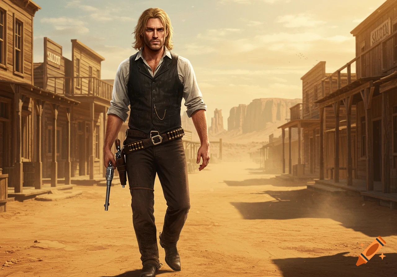 A blond cowboy in a vest walks through a dusty old west town with a pistol in hand.
