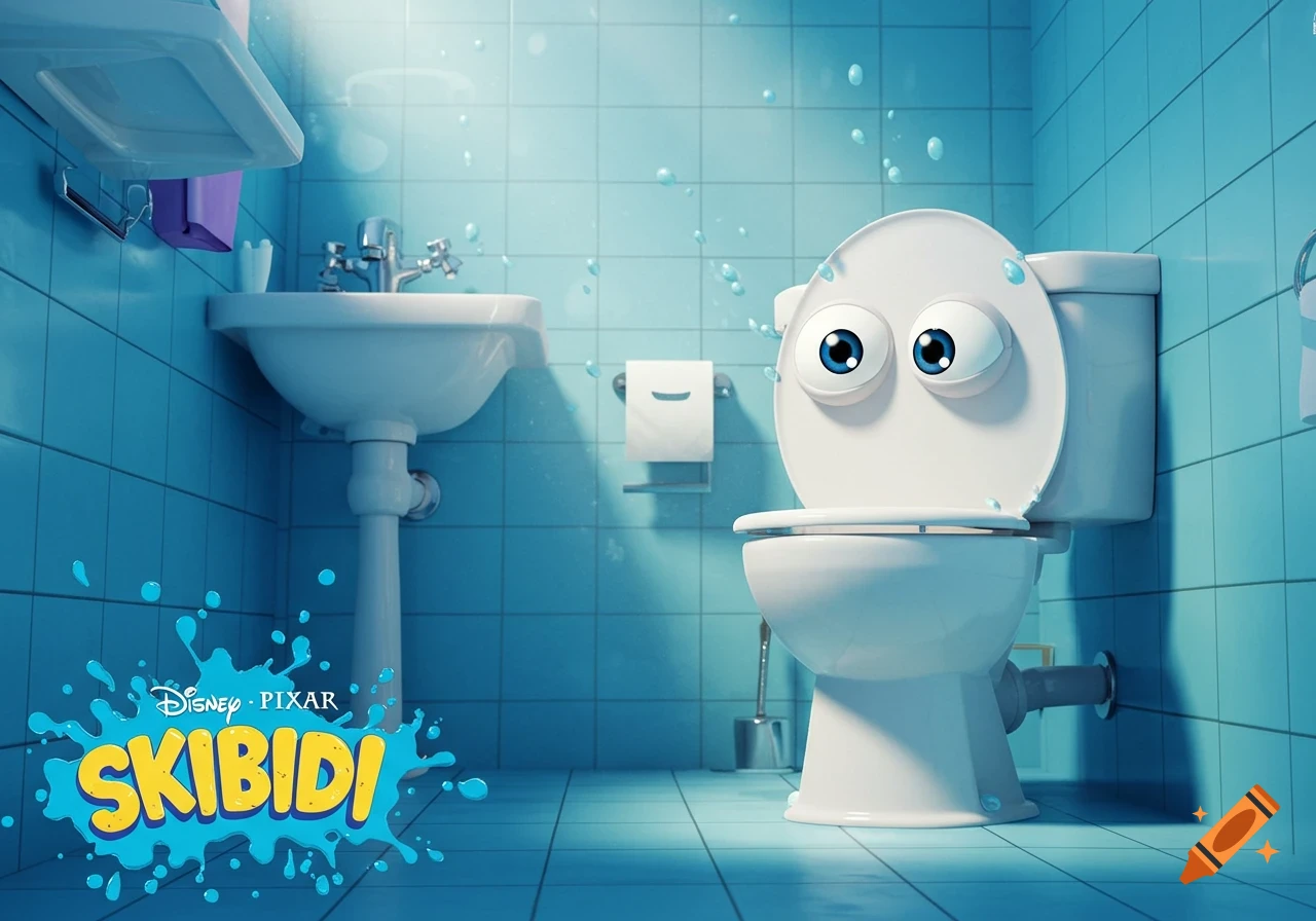 A cartoon toilet with large blue eyes in a bright blue tiled bathroom, with a Disney Pixar Skibidi logo in the corner.