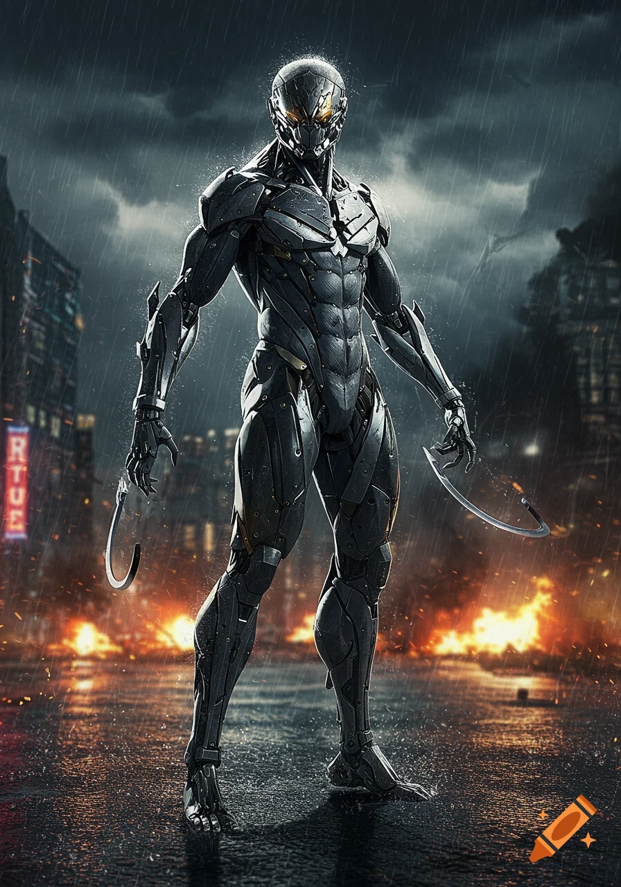 A dark armored robot warrior stands in a rainy, destroyed city with explosions in the background, holding curved blades.