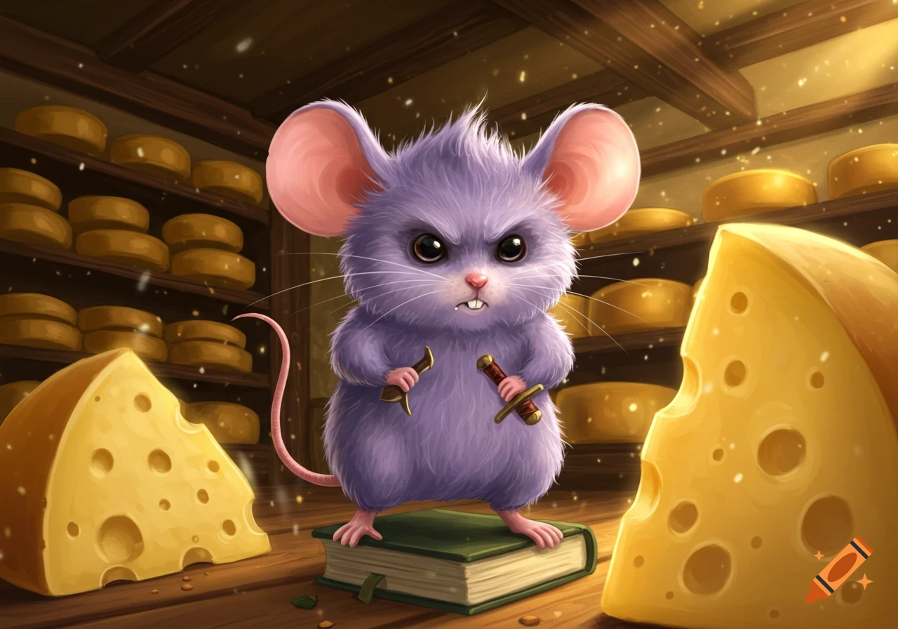 A cute, angry purple mouse stands on a book, holding two daggers, in a cheese cellar with many cheeses. Cartoon fantasy style.