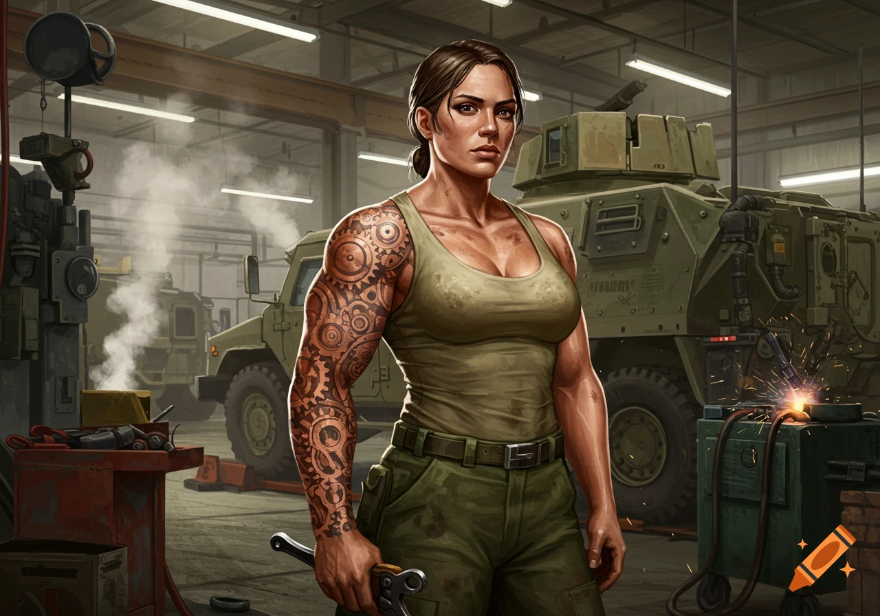 Muscular female army mechanic with a gear tattoo holds a wrench in a military garage with armored vehicles, digital art.