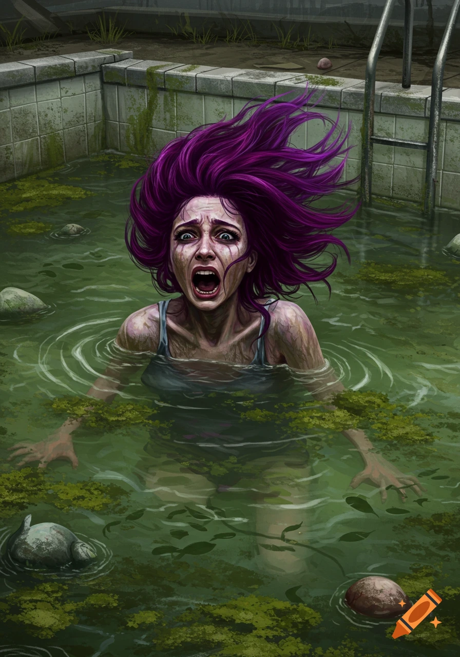 A purple-haired woman with a distressed expression screams for help while submerged in a moldy green abandoned swimming pool, in a digital art style.