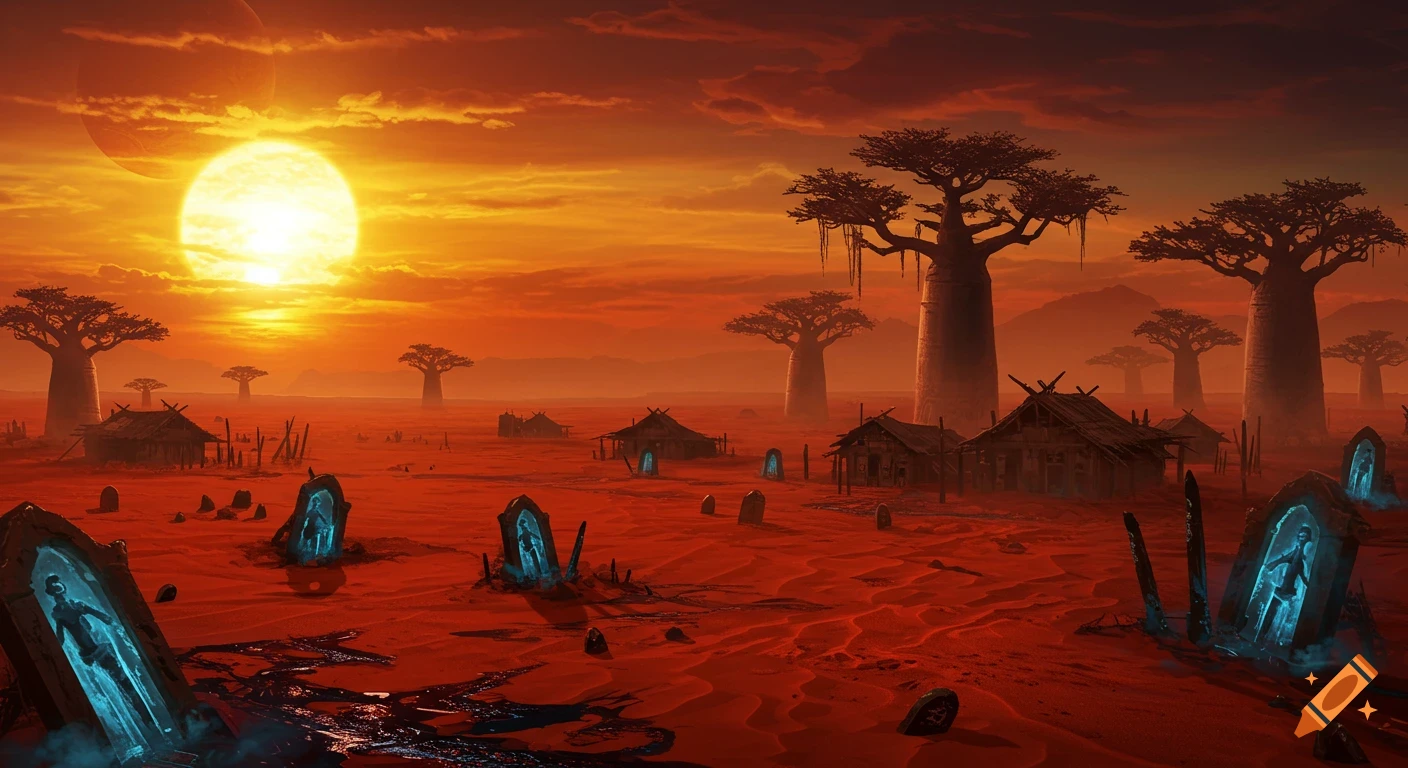 A desolate, red-orange alien desert landscape with a massive bright sun, baobab trees, rustic huts, and glowing blue sarcophagi, under a fiery sunset sky.