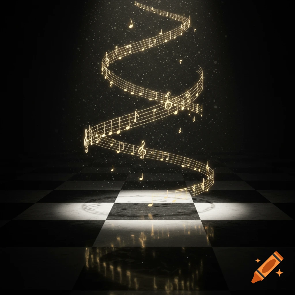 Golden musical notes spiral upwards from a reflective black and white checkerboard floor in a dark, glowing space.