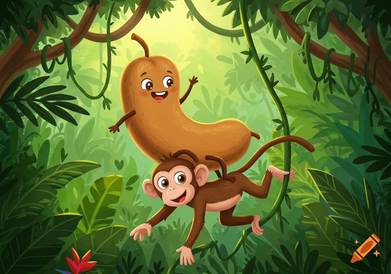 A happy cartoon tamarind fruit riding on the back of a smiling monkey in a vibrant green jungle.