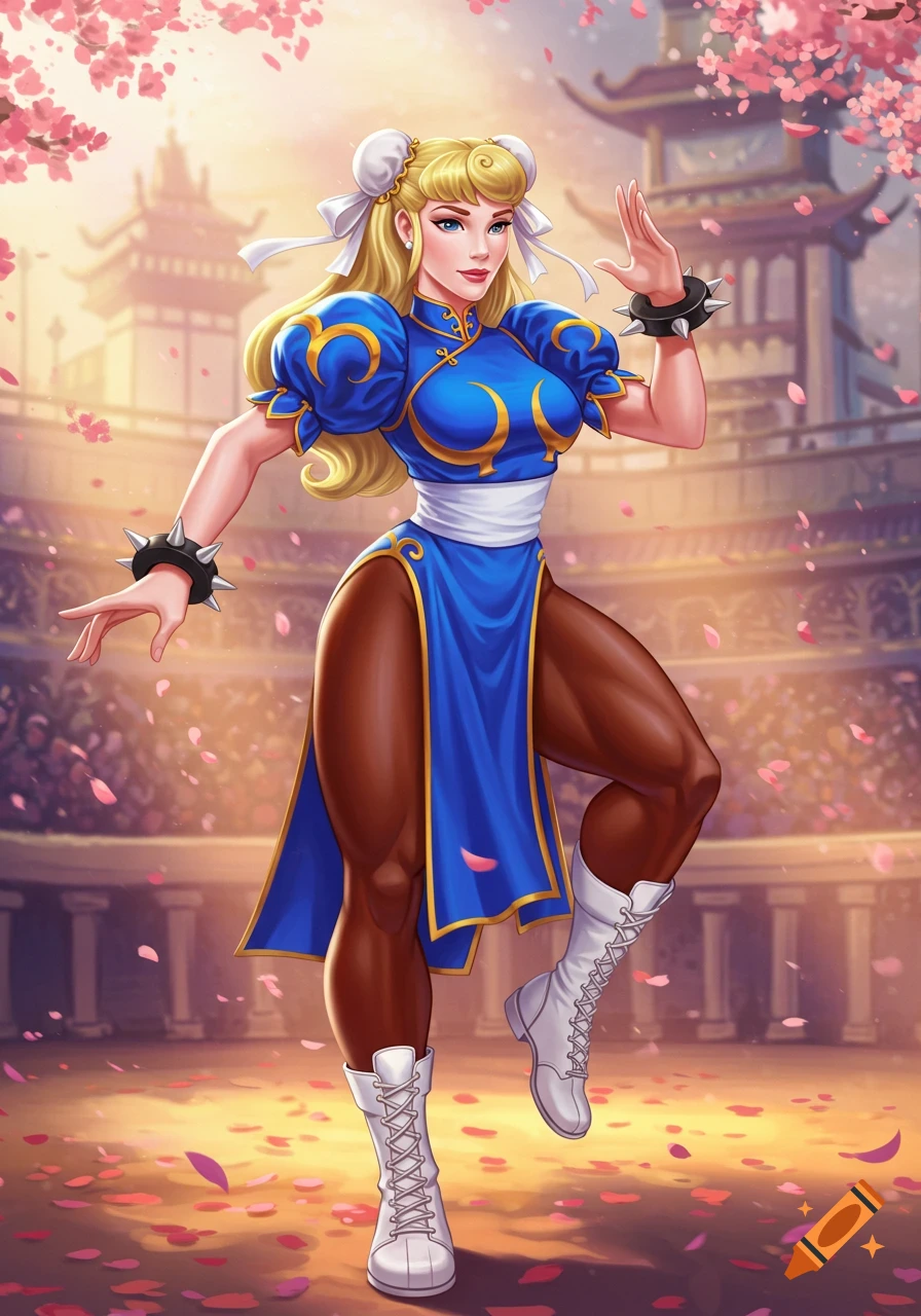 Stylized illustration of Princess Aurora as Chun-Li in a blue qipao dress, posing dynamically in a cherry blossom arena.