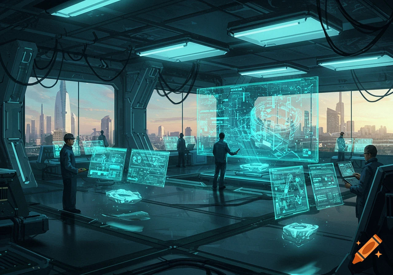 Futuristic control room with several people interacting with glowing blue holographic displays, overlooking a sprawling modern city at dusk.