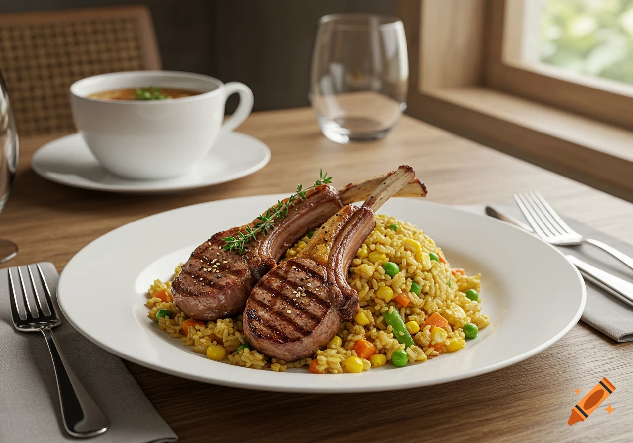 Two grilled lamb chops with herbs on a bed of fried rice with corn and peas, served on a white plate with cutlery. Photorealistic.