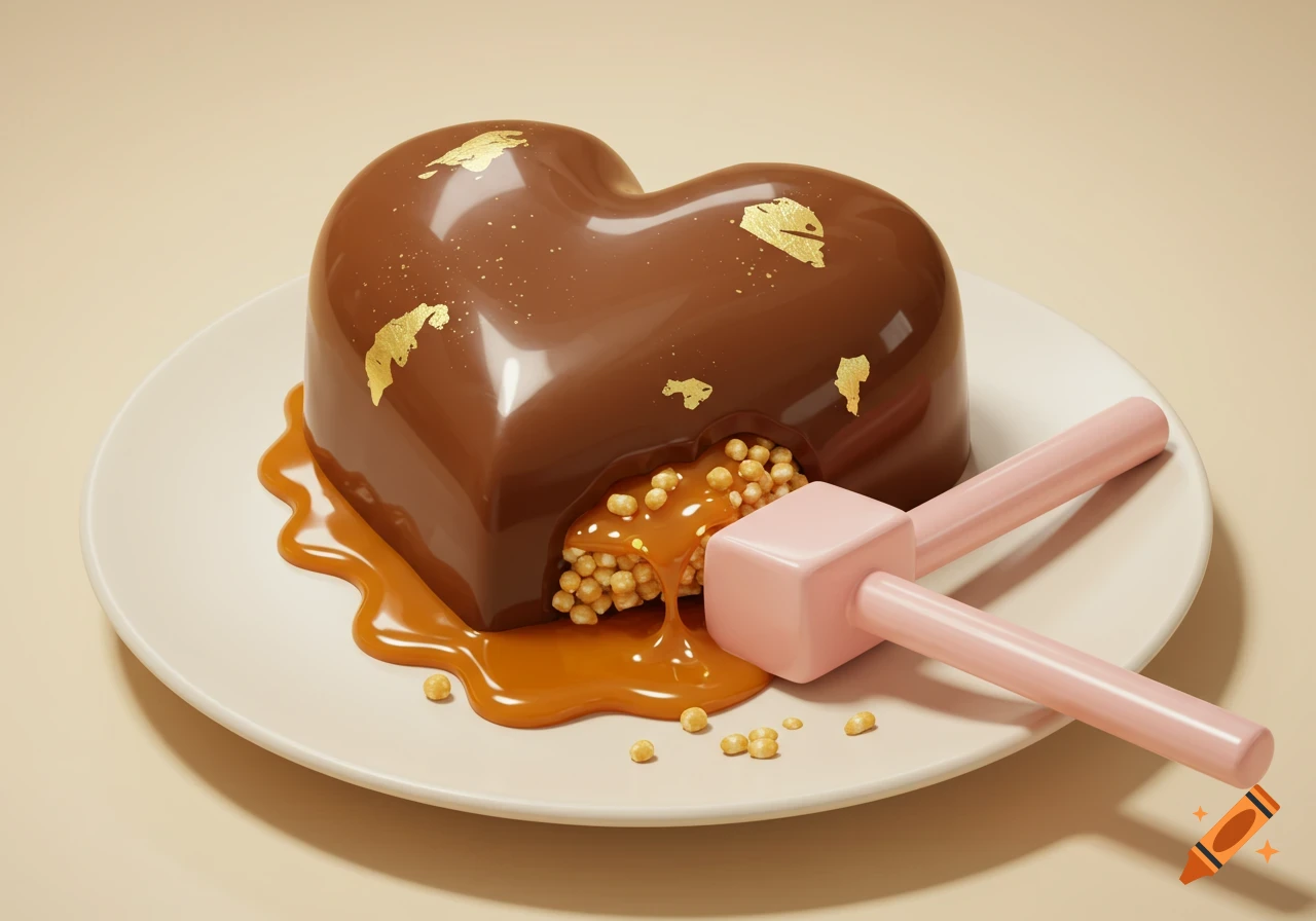 A glossy milk chocolate heart dessert with gold leaf, oozing caramel and rice puffs, next to a pink plastic hammer on a cream-colored plate. Photorealistic style.