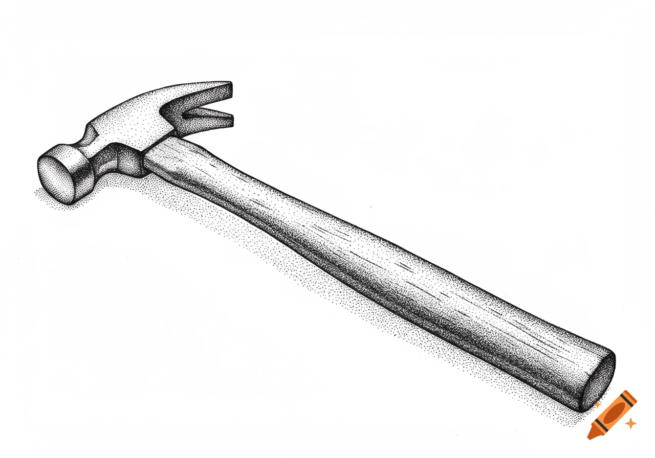 A black and white stippling drawing of a claw hammer with a wooden handle on a white background.