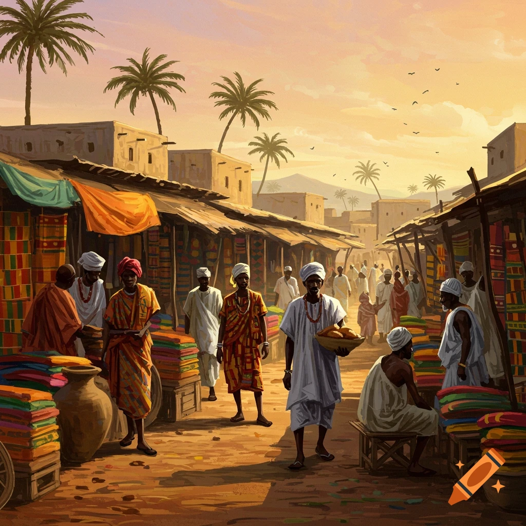 Painterly illustration of a bustling West African market at sunset, with people, colorful fabric stalls, and palm trees.
