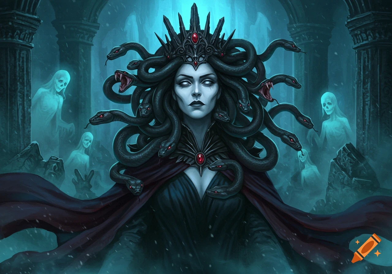 Gothic Medusa with snake hair and a crown, in a dark fantasy setting with ghostly figures and ruins.