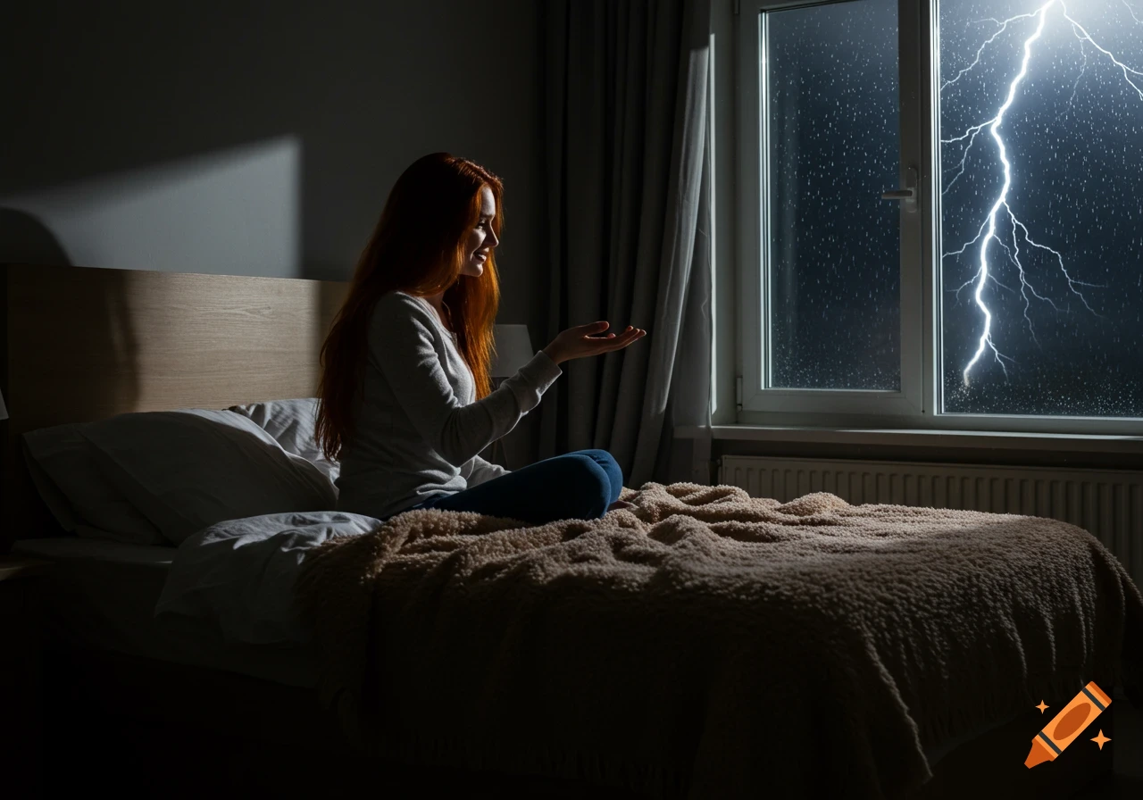 Red-haired woman sits on a bed in a dark room, looking at a lightning storm outside her window with an open hand.