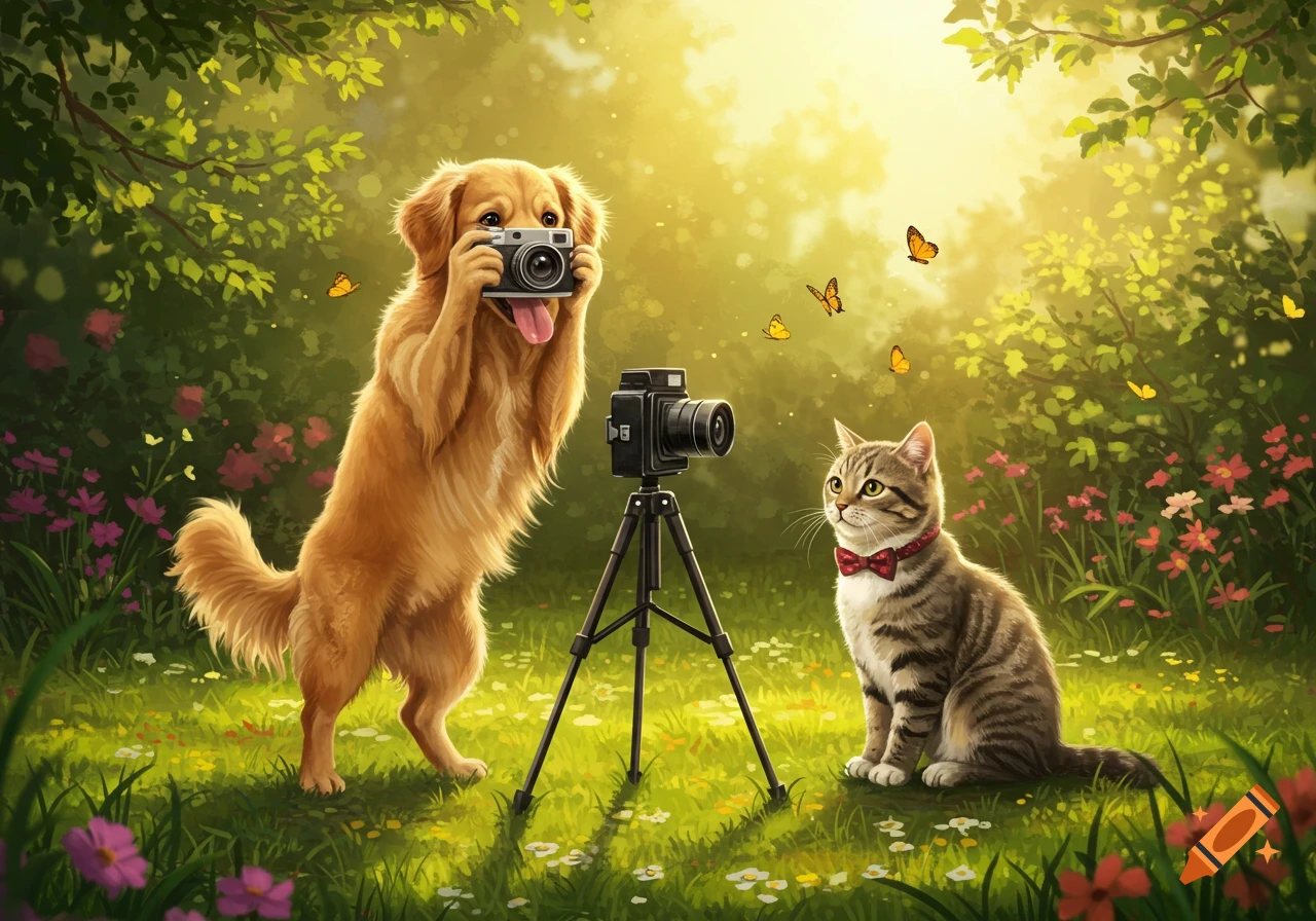 An illustrated golden retriever dog stands on its hind legs, holding a camera to photograph a tabby cat wearing a bow tie, in a sunny garden with butterflies.