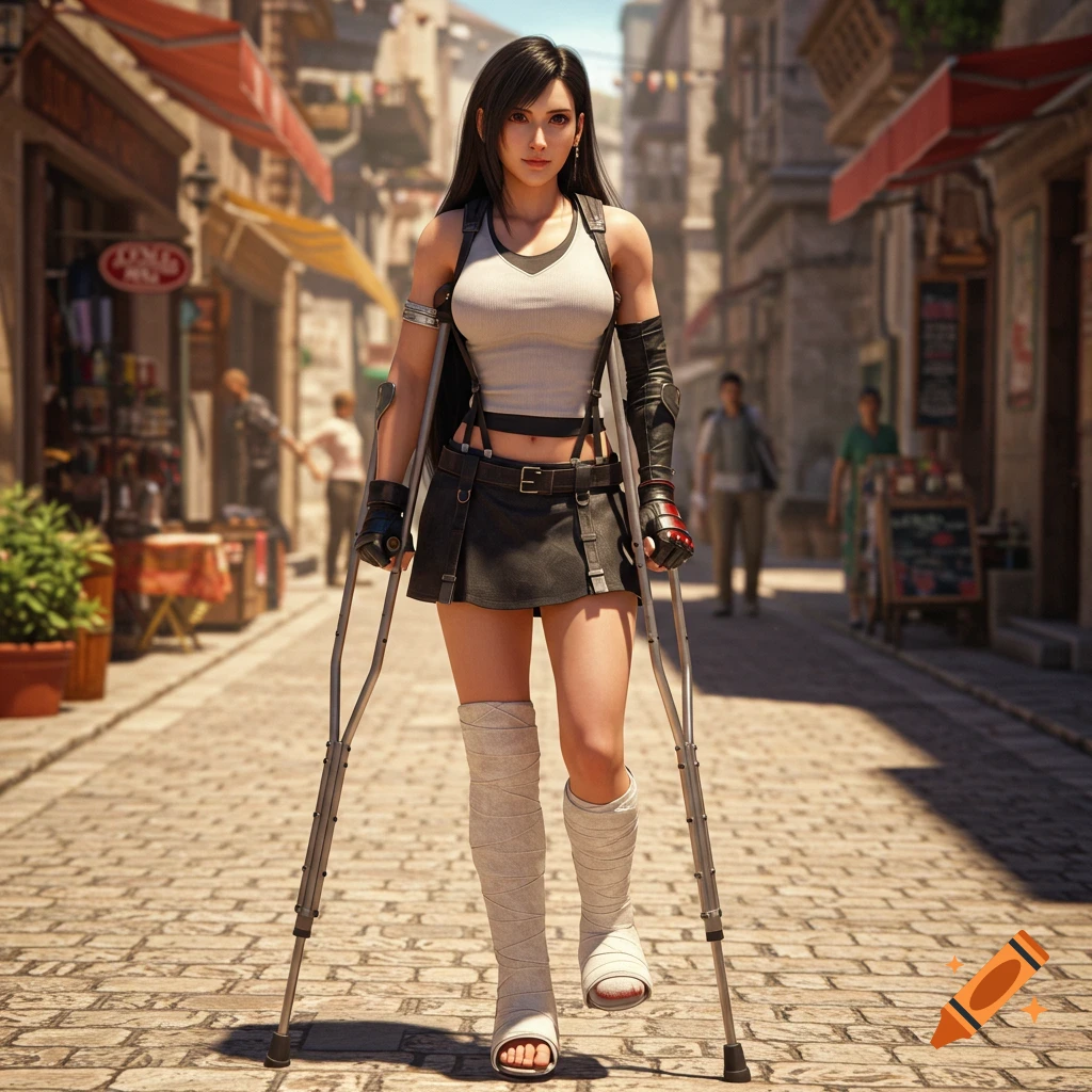 Photorealistic rendering of Tifa Lockhart from Final Fantasy, walking on crutches with a cast on her leg, on a cobbled street in a European-style town.
