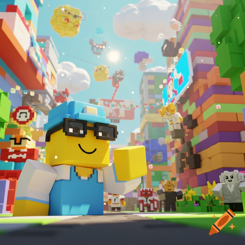 A colorful voxel-art city with blocky characters and buildings. A main character with a yellow head, blue overalls, and glasses stands in the foreground.