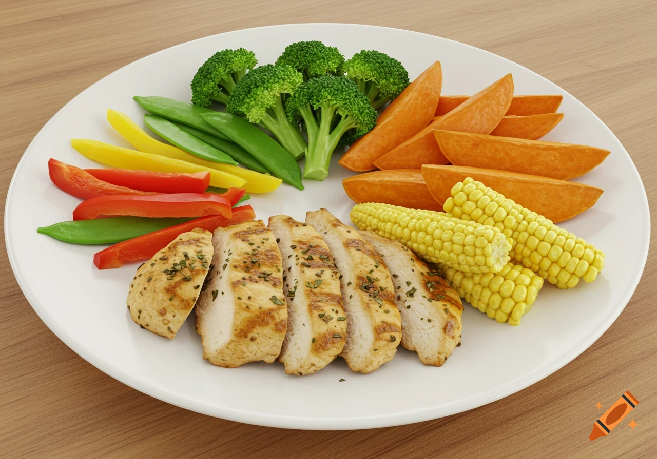 Photorealistic plate of grilled chicken breast, broccoli, snap peas, bell peppers, sweet potato wedges, and corn on the cob.