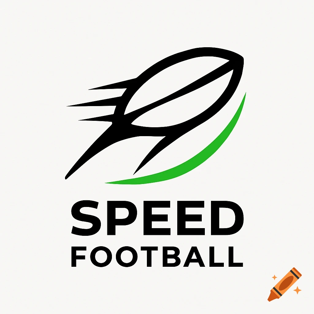 Minimalist black and green logo for 'Speed Football' featuring a stylized football with speed lines and a green swoosh, with text below.