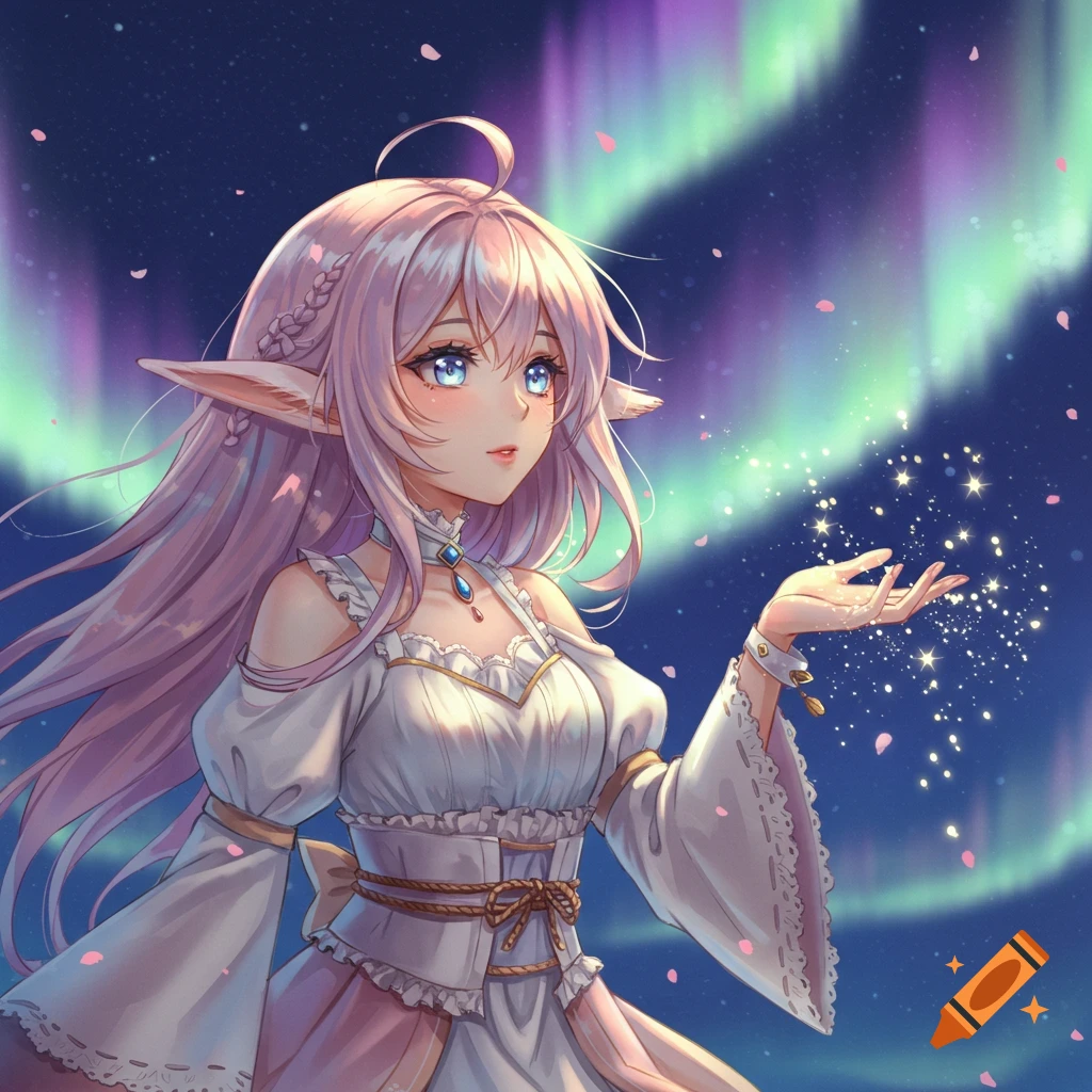 An anime elf girl with pink hair and blue eyes, in a white dress, holding sparkling magic with an aurora borealis sky behind her.