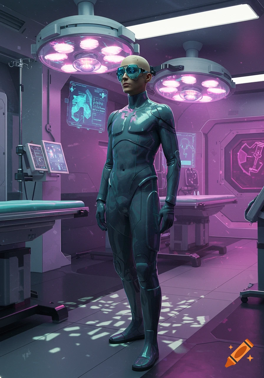 A bald nonbinary person in a sleek black futuristic suit stands in a neon purple and blue sci-fi medical lab.