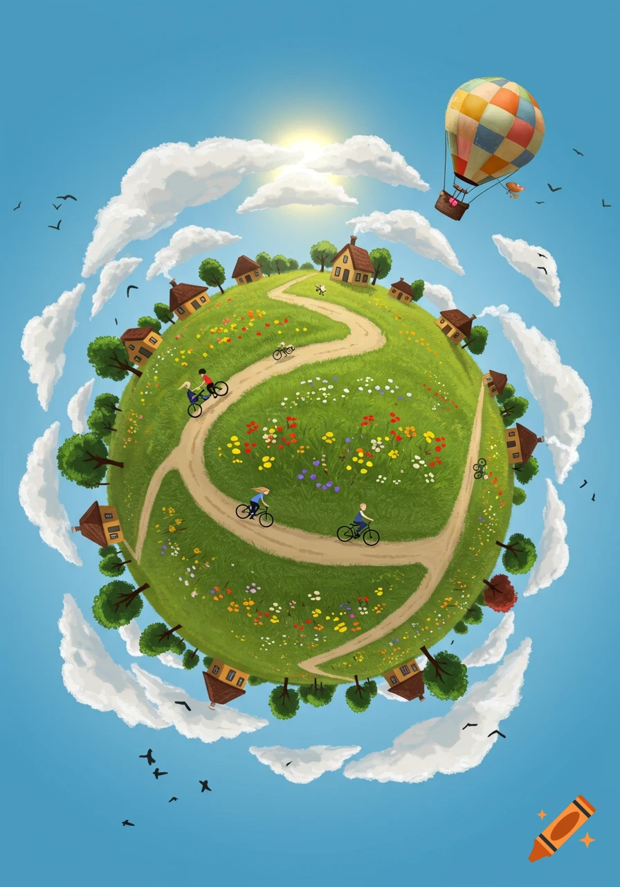 Whimsical illustration of a tiny green planet with houses, people biking, flowers, trees, and a hot air balloon.