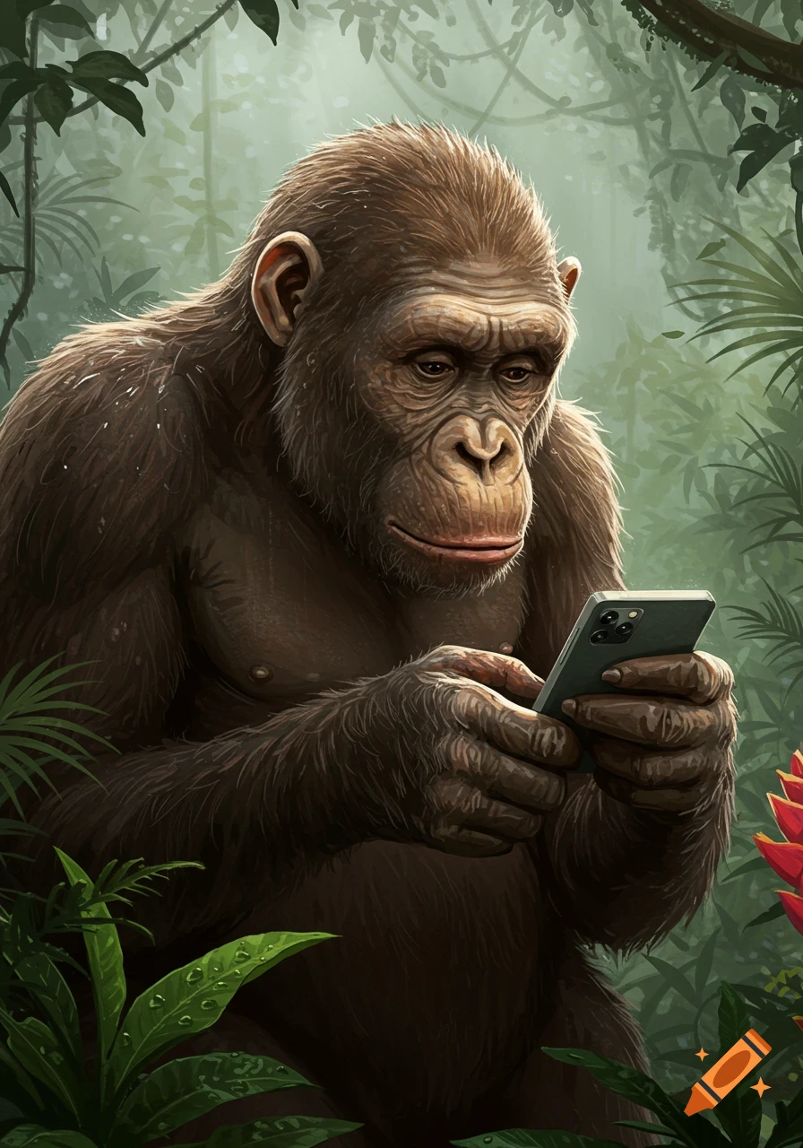 A chimpanzee-like ape looks intently at a smartphone in a lush jungle environment.