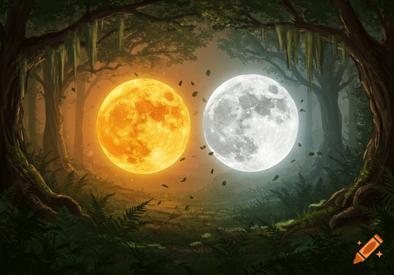 A vibrant, mystical forest scene with a glowing orange sun and a bright white moon floating among dark trees and ferns.