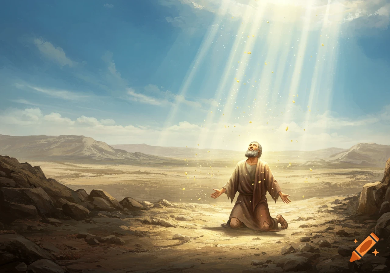 Illustrated scene of an old man in robes kneeling in a desert, looking up as golden light beams and particles fall from the sky.