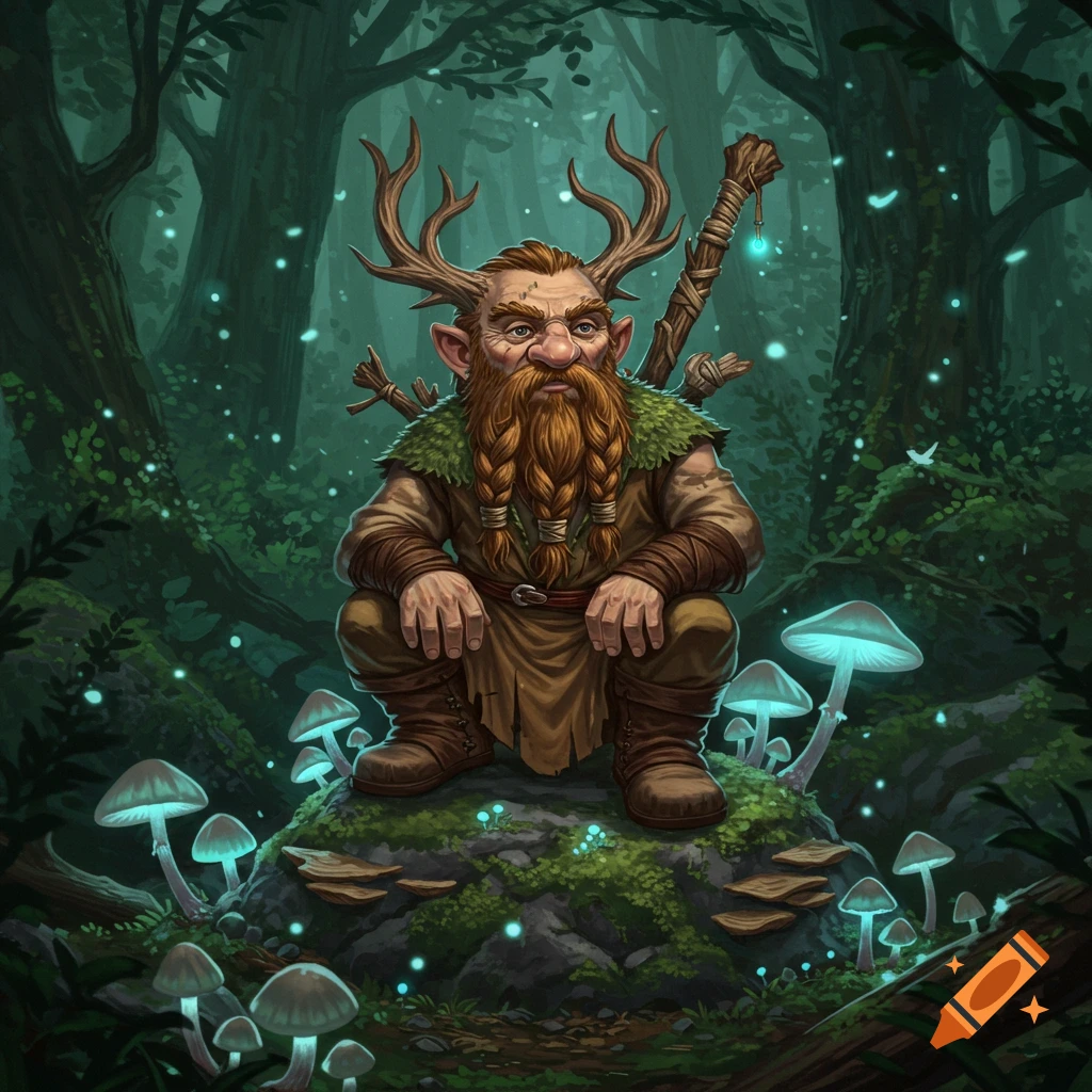 A dwarfen druid with antlers and a braided beard squats on a mossy rock amidst glowing blue mushrooms in a magical, dark forest.