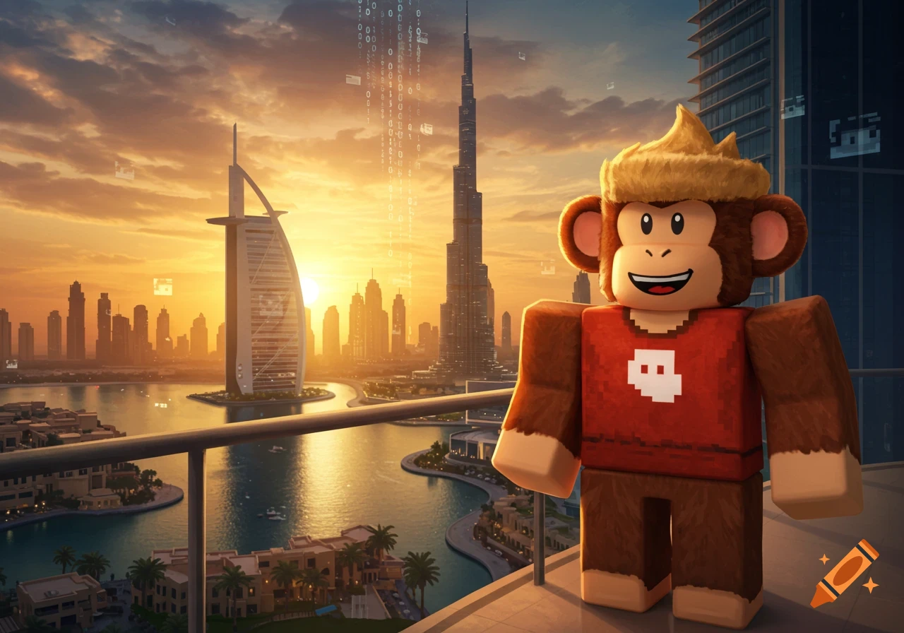 A Roblox-style monkey character with a pixelated symbol on its red shirt stands on a balcony overlooking the Dubai skyline at sunset. Binary code streams down from the sky.