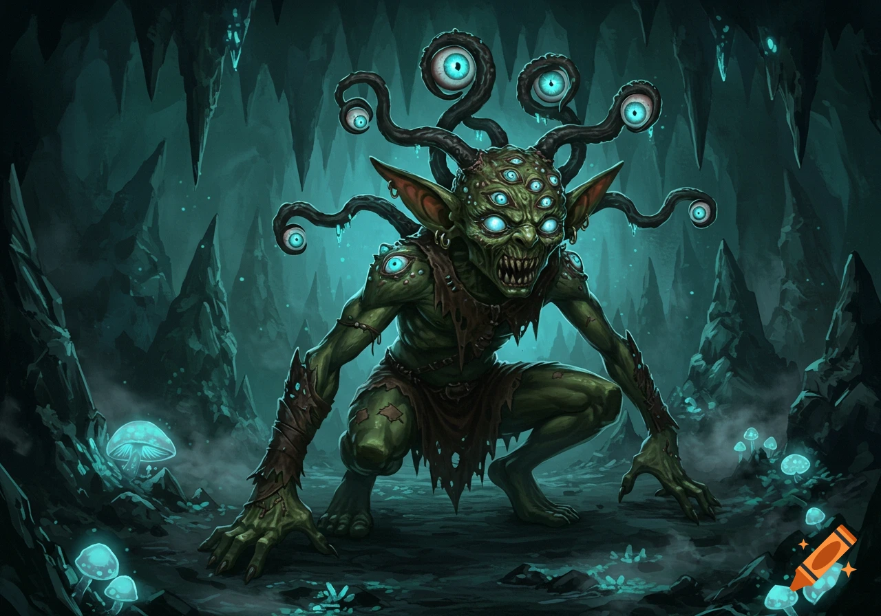 A multi-eyed, green goblin-like monster with eye stalks in a dark, glowing cave with luminous mushrooms.