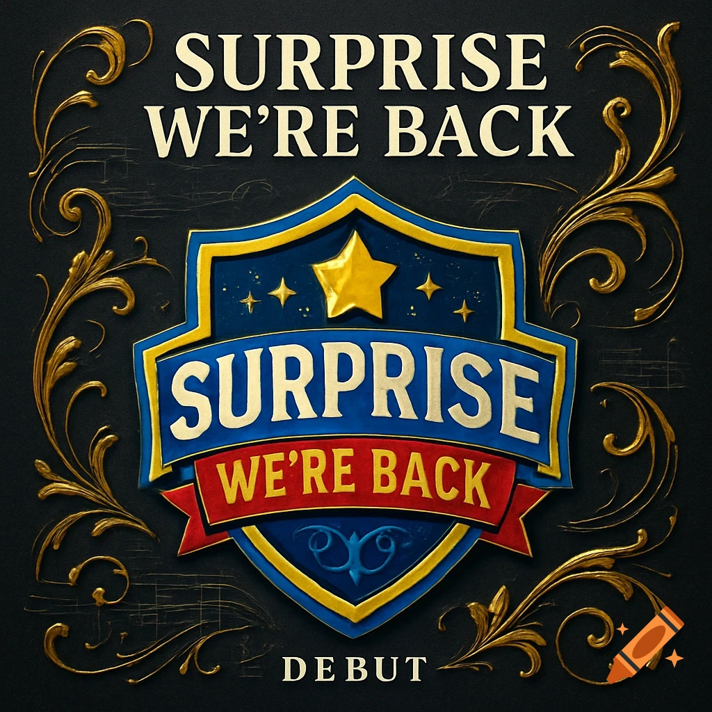 Ornate black and gold album cover with a blue and red crest featuring 'SURPRISE WE'RE BACK' and 'DEBUT' text.