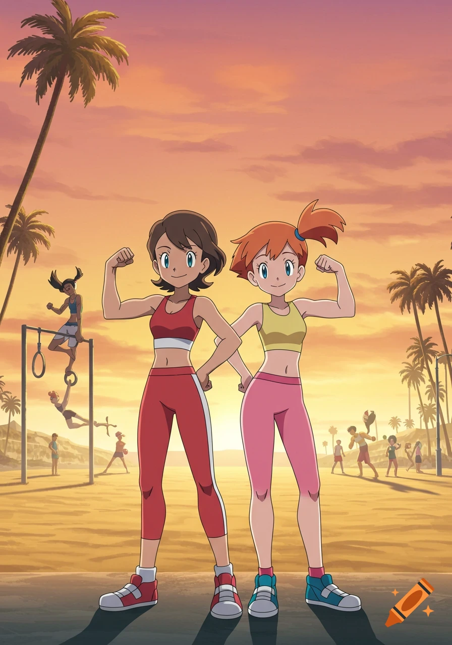 Anime-style image of Misty and another woman flexing their biceps on a sunny beach, with other people exercising in the background and palm trees.