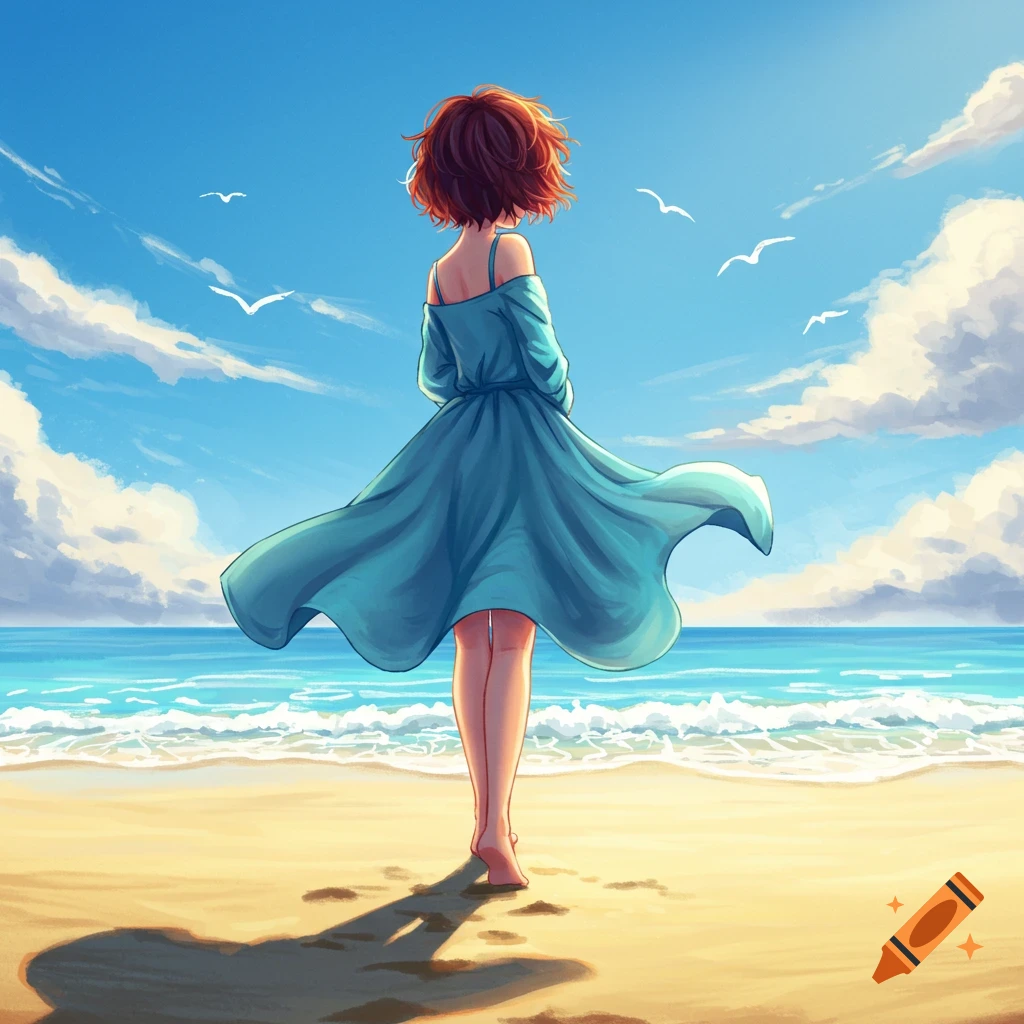 A stylized anime girl with short brown hair in a flowing blue dress stands on a sandy beach looking at the ocean under a bright blue sky with clouds and seagulls.