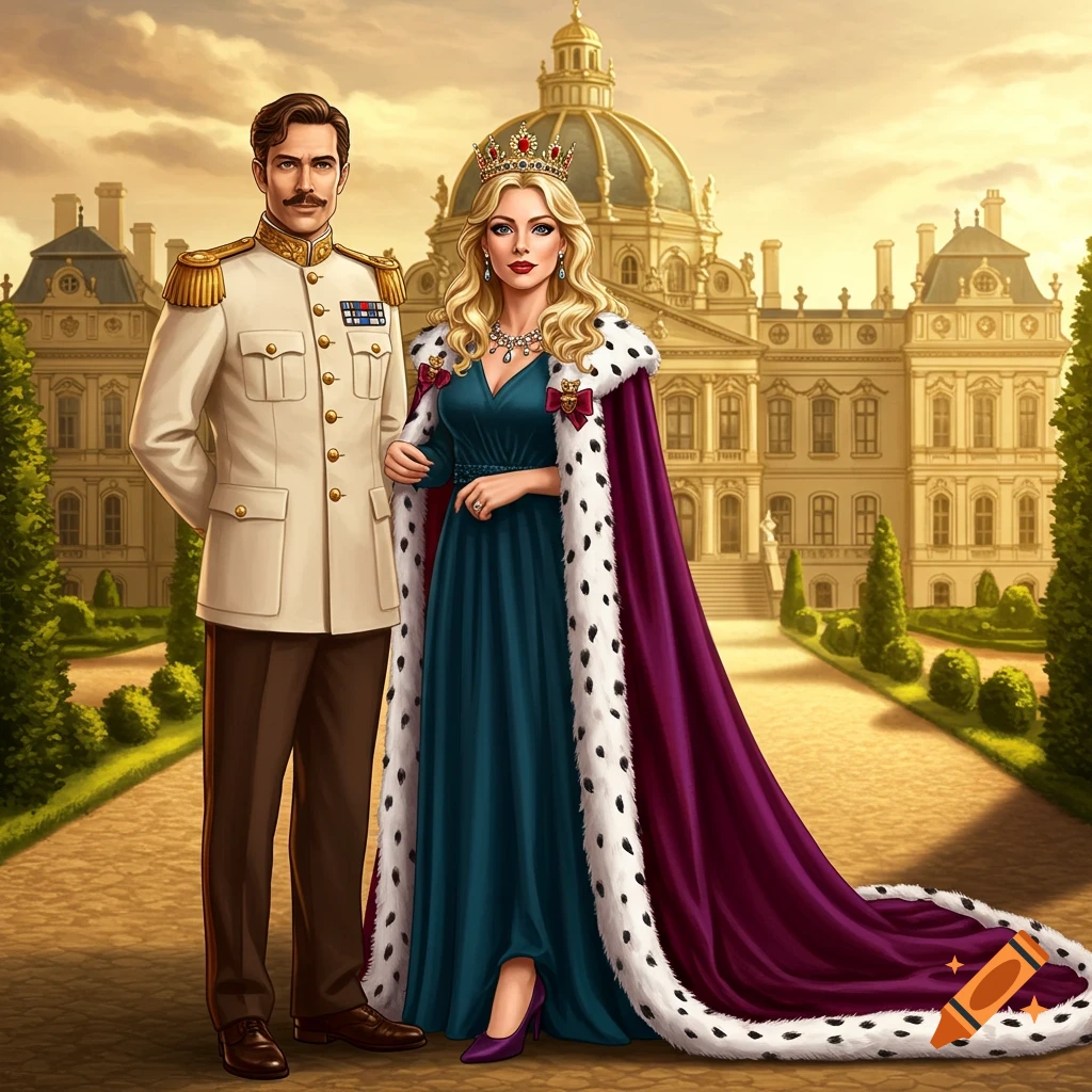 A regal man in a cream uniform and a woman in a blue dress and purple royal cloak stand outside a grand palace.