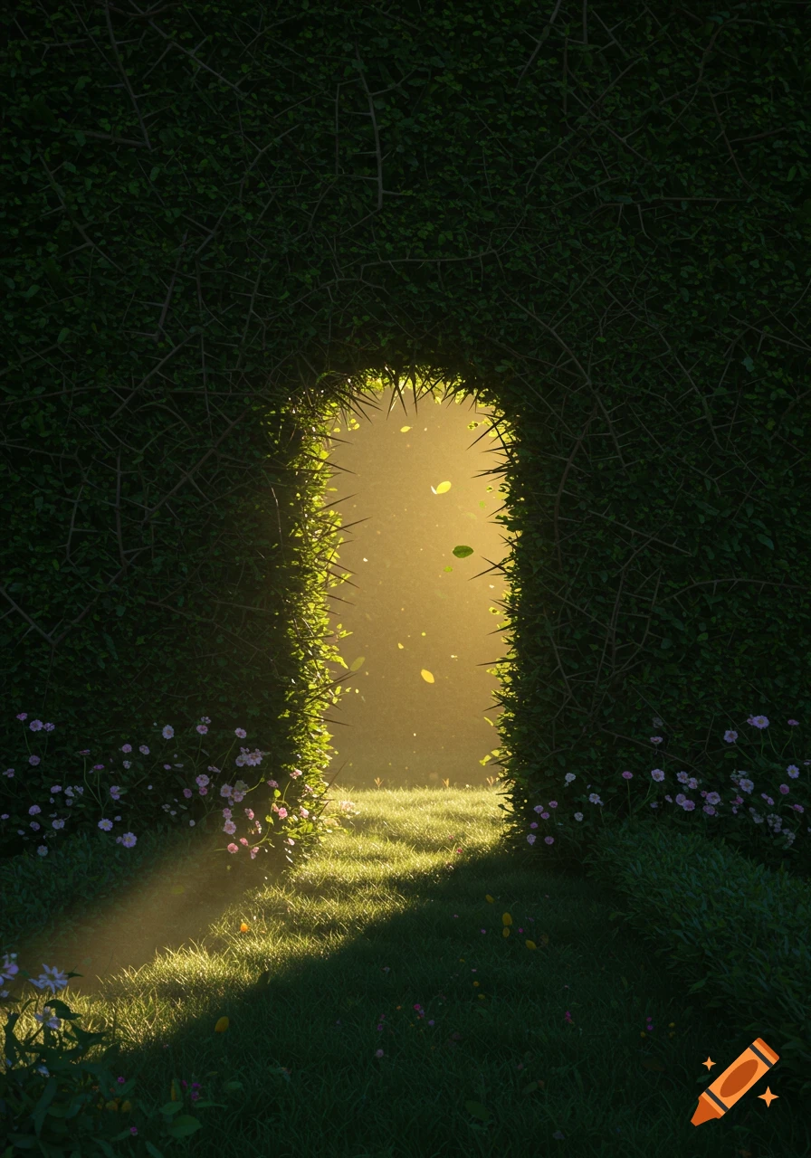 A sunlit, arched opening in a dense, thorny green hedge leads to a bright grassy path with floating leaves and pink flowers.